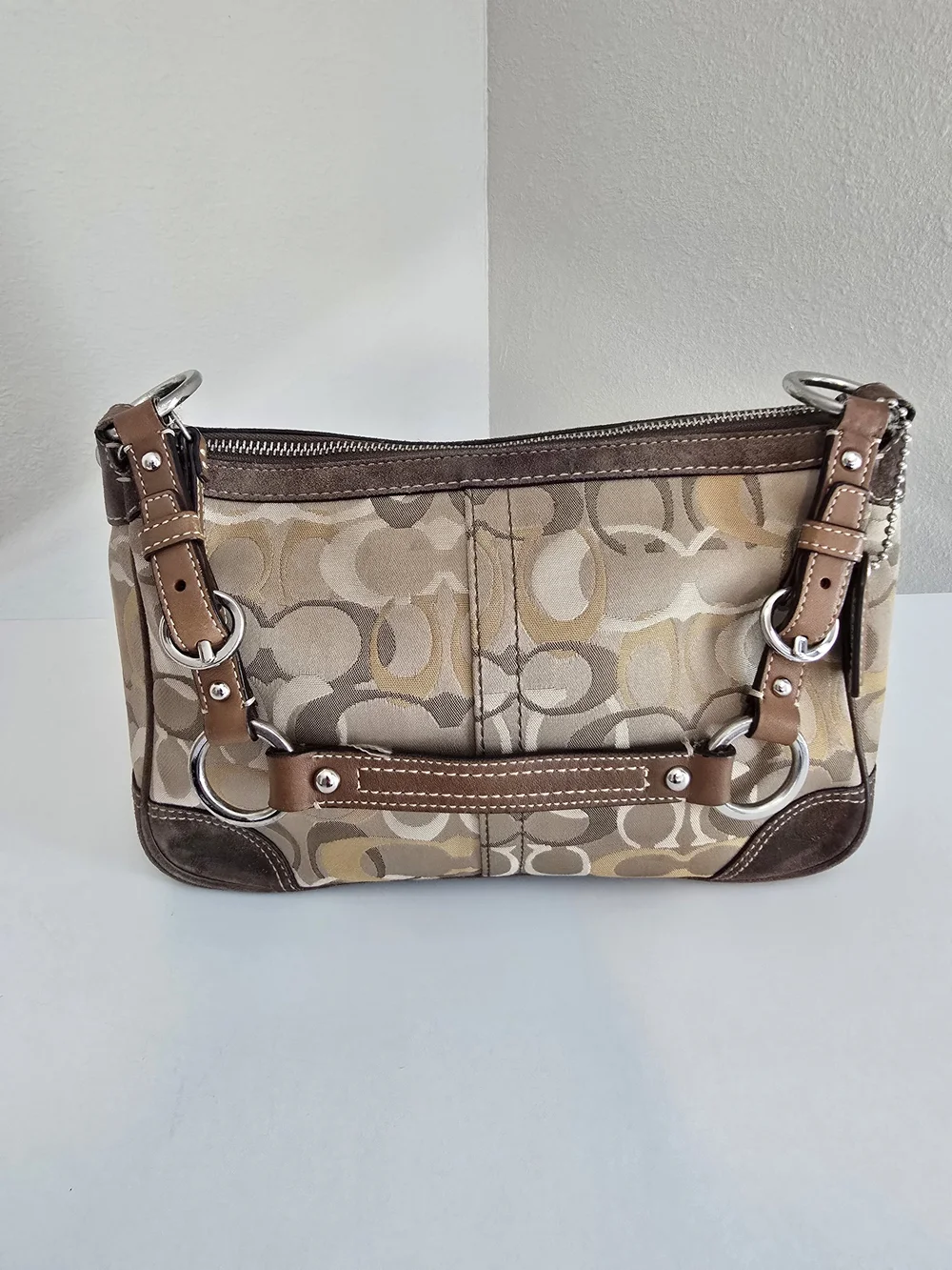 Coach Signature Canvas Shoulder Bag in Tan and Brown